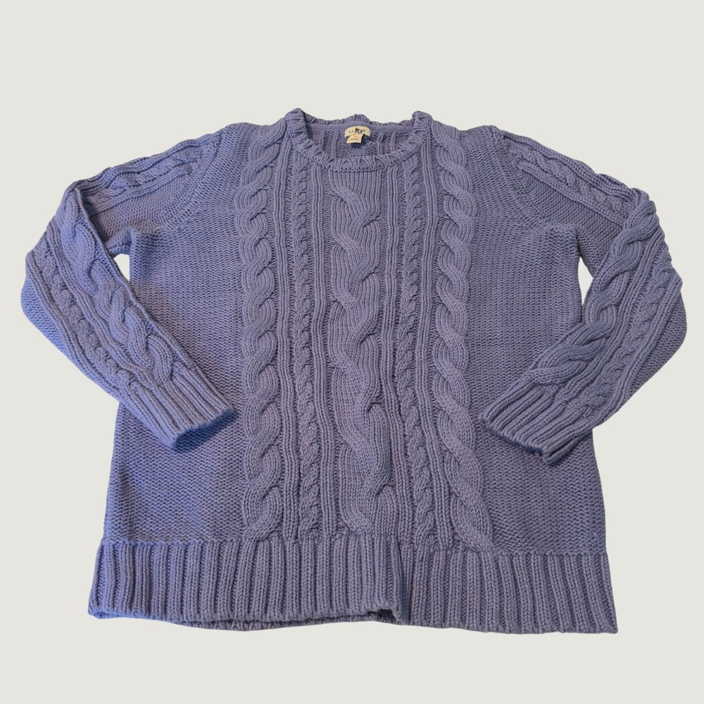 LL Bean Women Cable Knit Cotton Sweater Periwinkle Blue Crewneck Fisherman L REG